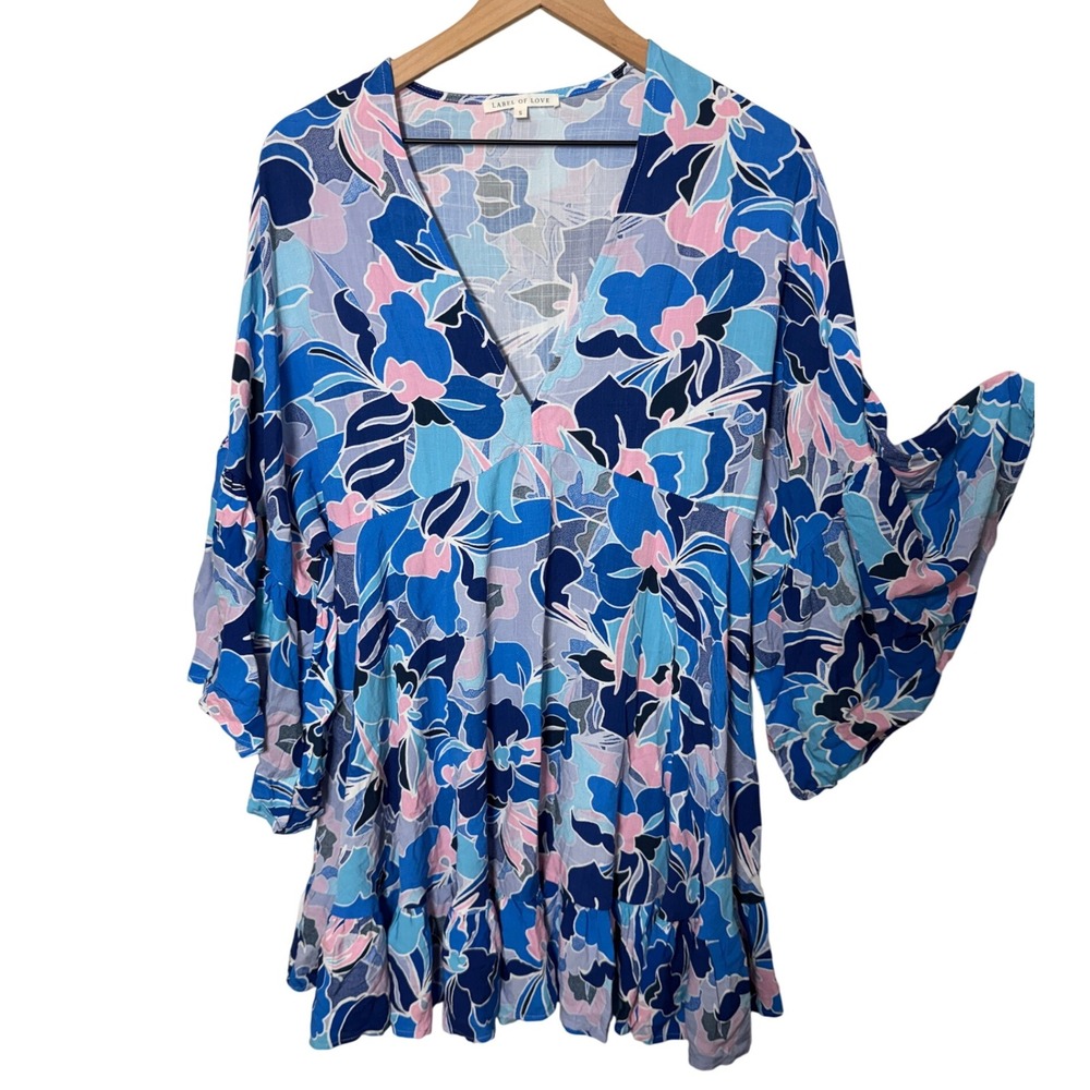 LABEL OF LOVE Blue Pink Floral‎ Bell Sleeve Coverup Mini Dress Size S Retro Boho